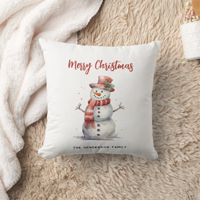 Happy Snowman Merry Christmas Custom Family Name Throw Pillow (Blanket)