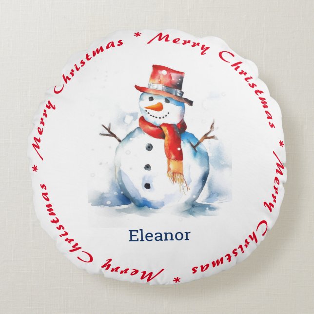 Happy Snowman Merry Christmas Cute Custom Name Round Pillow (Front)