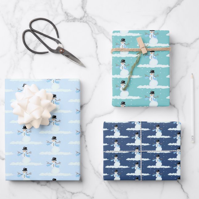 Happy Snowman Pattern Blue Christmas Winter Wrapping Paper Sheets (Front)