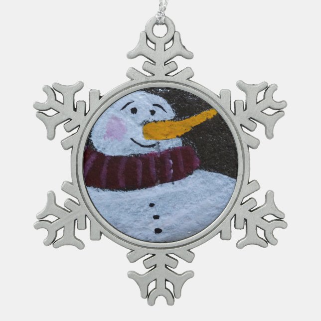 Happy Snowman Pewter Snowflake Decoration (Front)