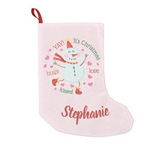 Happy Snowman Pink Christmas Small Christmas Stocking