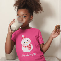 Happy Snowman Pink Personalized Girls Name Holiday T-Shirt