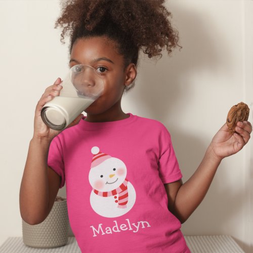 Happy Snowman Pink Personalized Girls Name Holiday T_Shirt