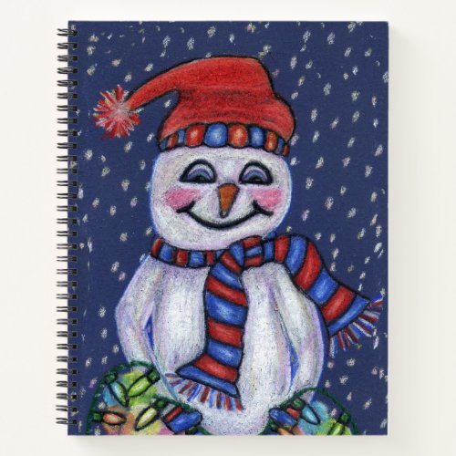 Happy Snowman Red Hat Scarf Holding Lights Snow Notebook