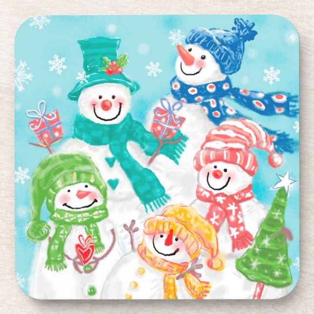 Happy Snowman Retro Christmas Beverage Coaster (Front)