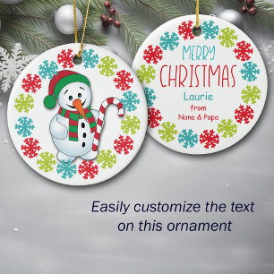 Happy Snowman Snowflake Frame Grandkids Ceramic Ornament