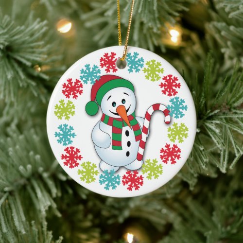 Happy Snowman Snowflake Frame Grandkids Ceramic Ornament