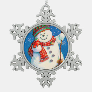 Happy Snowman Snowflake Pewter Christmas Ornament