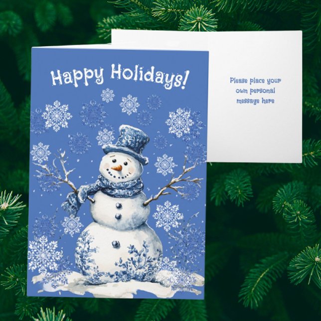 Happy Snowman Snowflakes Blue White Personalized Holiday Card (Personalize this folded holiday card!)