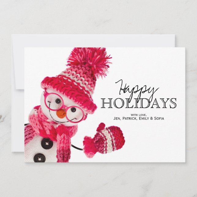 Happy Snowman Spectacled In Knitted Pink Hat Holiday Card (Front)