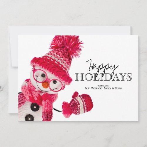 Happy Snowman Spectacled In Knitted Pink Hat Holiday Card
