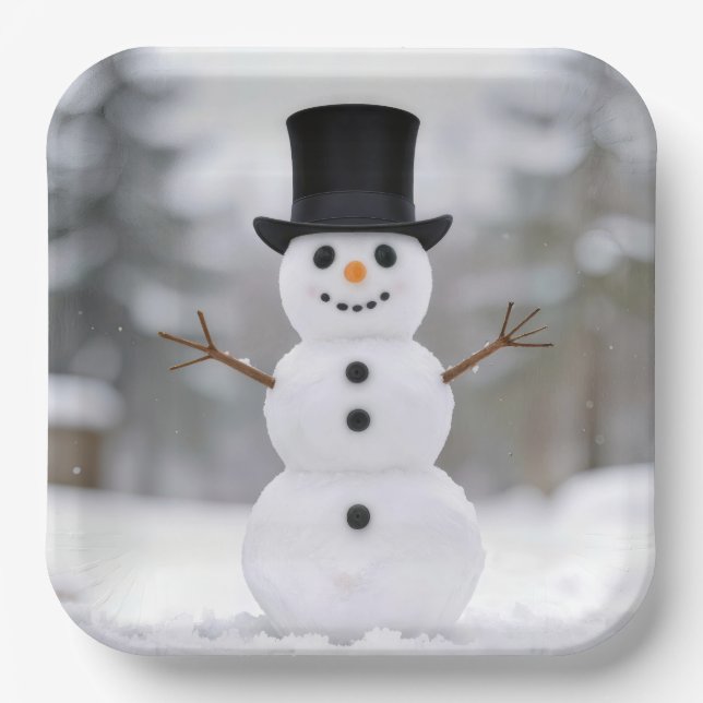 Happy Snowman Wearing a Top Hat Paper Plates (Front)