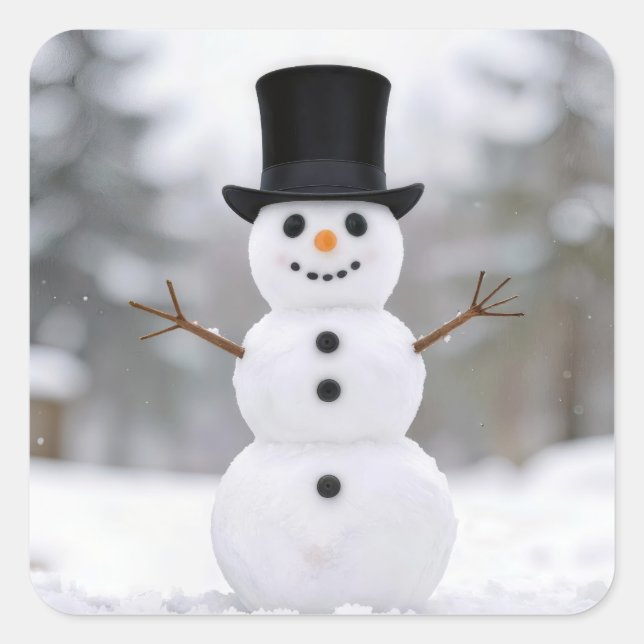 Happy Snowman Wearing a Top Hat Square Sticker (Front)