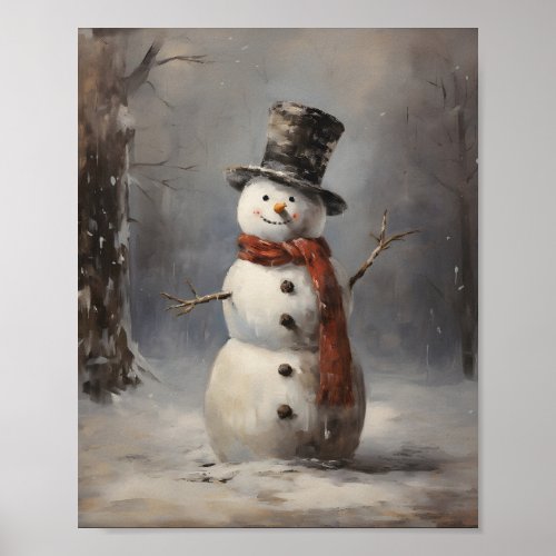 Happy Snowman Wearing Hat And Red Scarf In Forest Poster