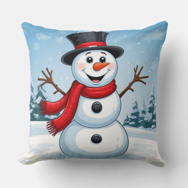 Happy Snowman Winter Festive Cozy Christmas  Throw Pillow (Front)