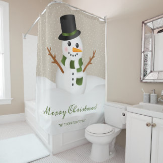 Happy Snowman With A Hat &amp; Custom Name Christmas Shower Curtain
