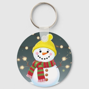 Happy Snowman with Sparklers and Santa Hat Keychain