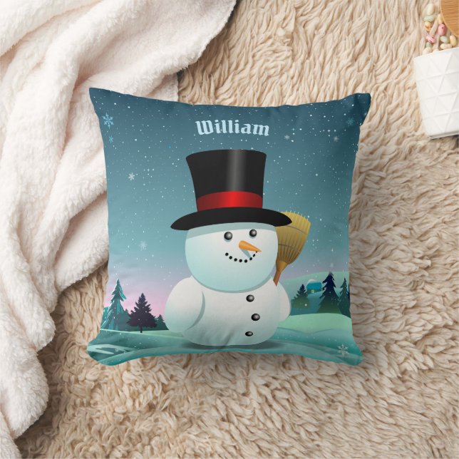 Happy Snowman With Top Felt Hat Throw Pillow (Blanket)