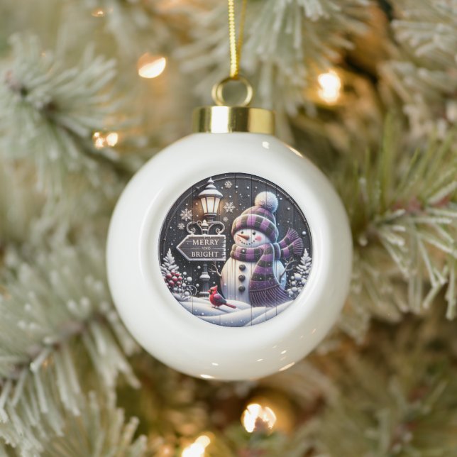 Happy Snowman Wonderland" - Festive Christmas Wall Ceramic Ball Christmas Ornament (Tree)