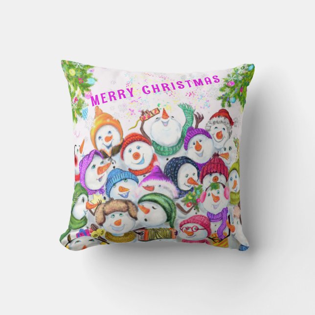 Happy Snowmans Christmas Pillow (Front)