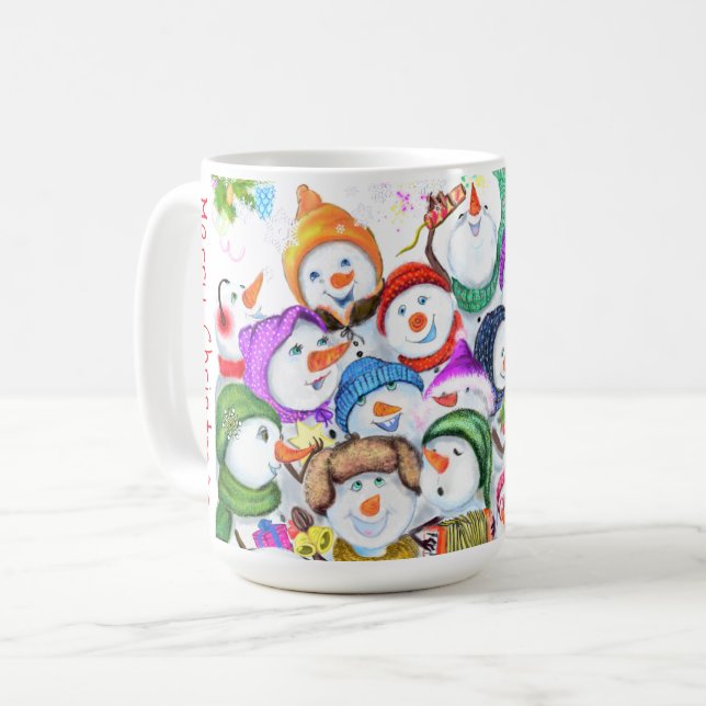 Happy Snowmans Merry Christmas Celebration Fun Coffee Mug (Front Left)