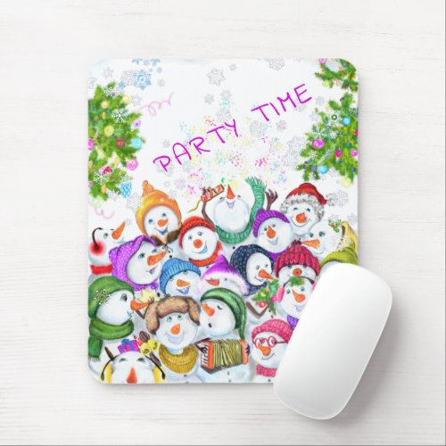 Happy Snowmans Merry Christmas Party Fun Drawing Mouse Pad