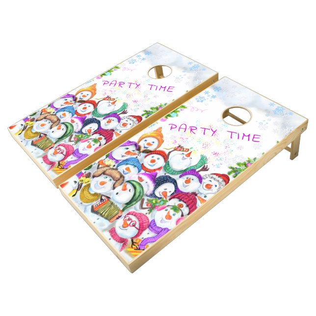 Happy Snowmans Merry Christmas Party Funny Cornhole Set (Angled)