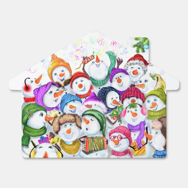 Happy Snowmans Merry Christmas Party Funny Drawing Sign (Front)