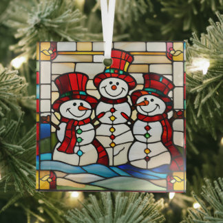 Happy Snowmen Glass Ornament