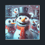 Happy Snowmen Metal Print<br><div class="desc">Happy snowmen are standing together delighting in the snowstorm.  Based on an original art piece by © One Artsy Momma.</div>