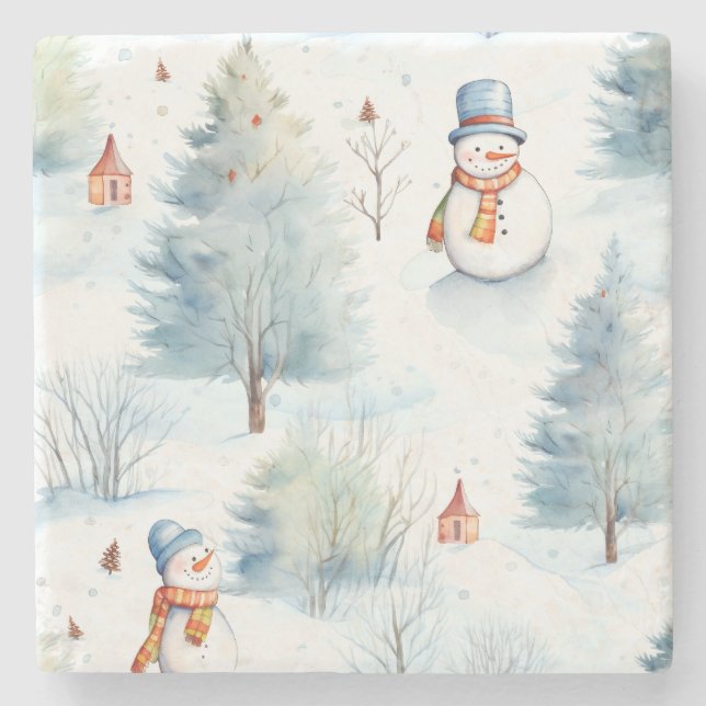 Happy Snowmen Pattern Stone Coaster (Front)