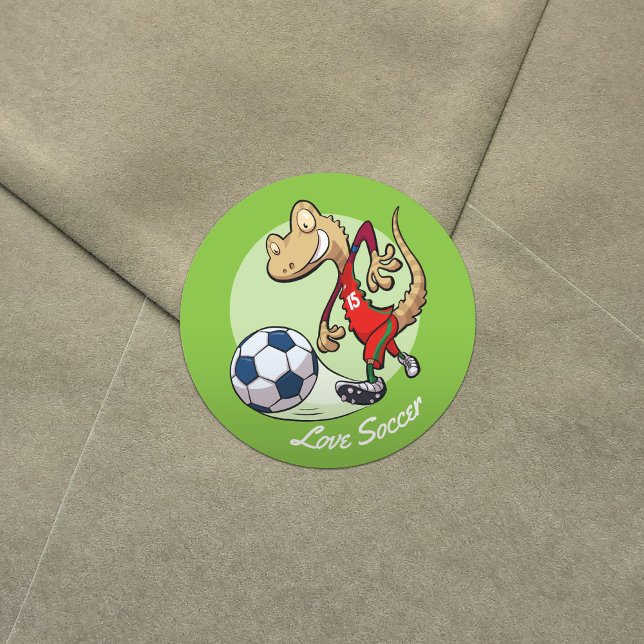 Happy Soccer Star Gecko Kicking Football Cartoon Classic Round Sticker (Creator Uploaded)