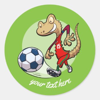 Happy Soccer Star Gecko Kicking Football Cartoon Classic Round Sticker by NoodleWings at Zazzle