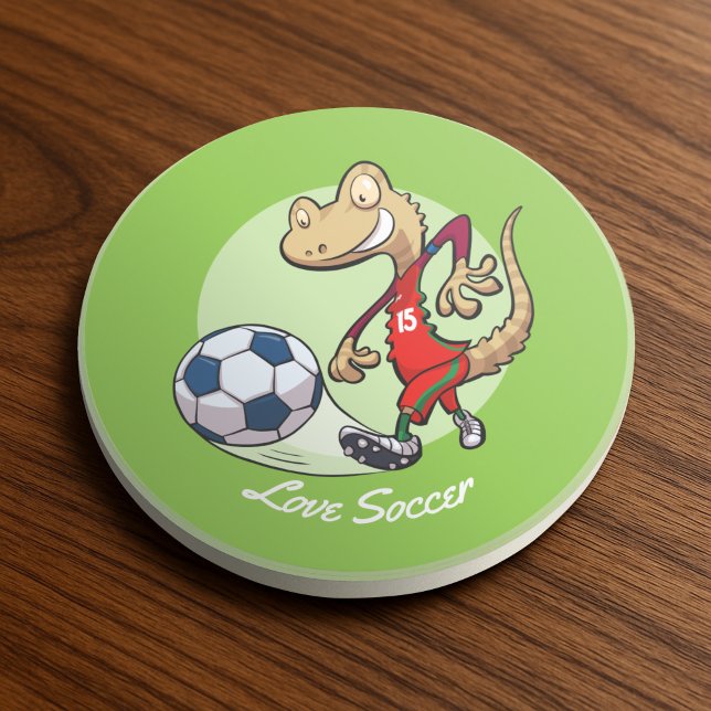 Happy Soccer Star Gecko Kicking Football Cartoon Coaster (Creator Uploaded)