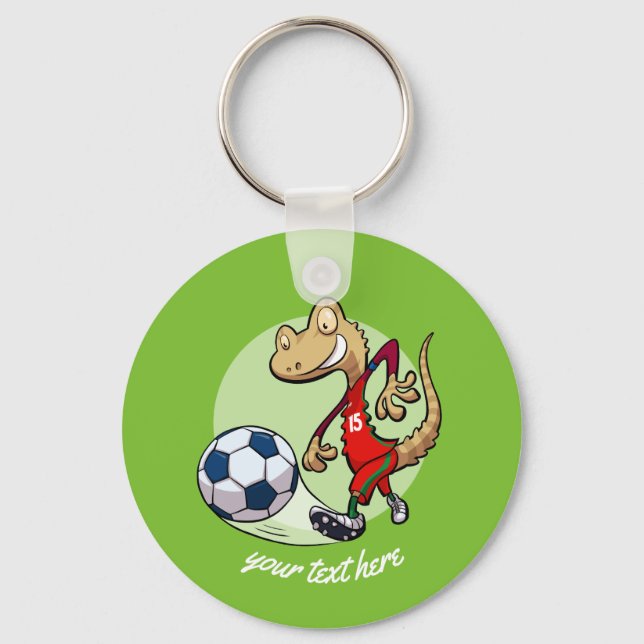 Happy Soccer Star Gecko Kicking Football Cartoon Keychain (Front)