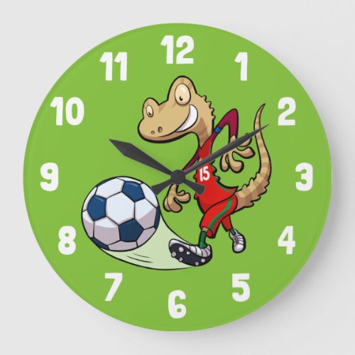 Happy Soccer Star Gecko Kicking Football Cartoon Large Clock