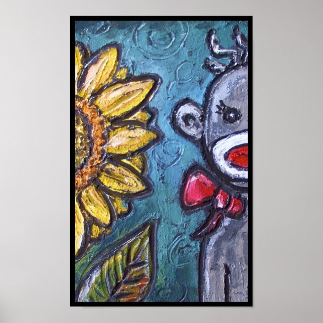 HAPPY Sock Monkey and Sunflower Poster (Front)