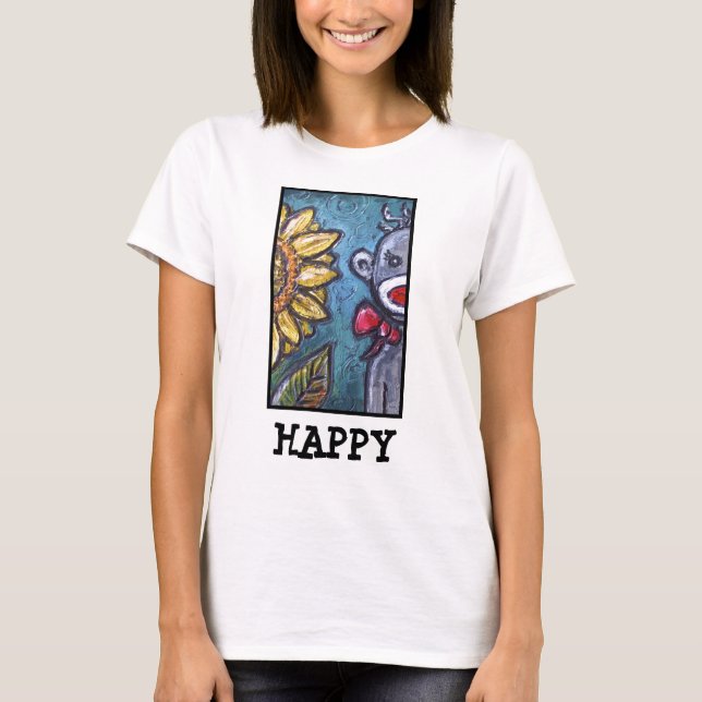 HAPPY  Sock Monkey and Sunflower T-Shirt (Front)