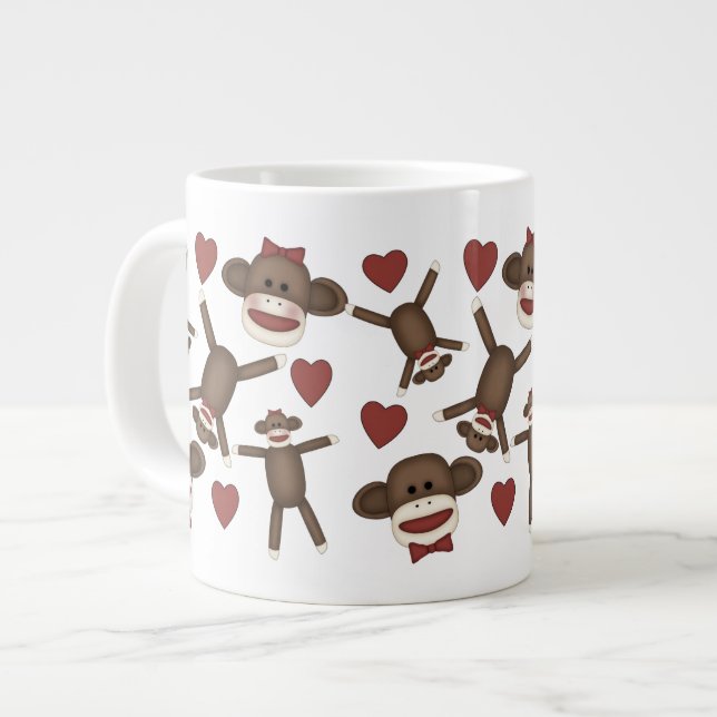 Happy Sock Monkeys and Hearts Tees, Gifts Giant Coffee Mug (Front Left)