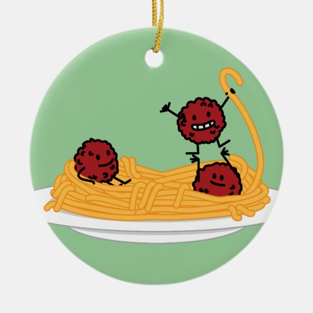Happy Spaghetti and Meatballs Ceramic Ornament (Front)