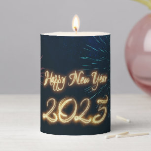 Happy Sparkling New Year 2025 Fireworks Pillar Candle