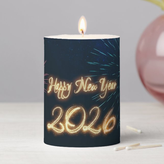 Happy Sparkling New Year 2026 Fireworks Pillar Candle (In Situ)