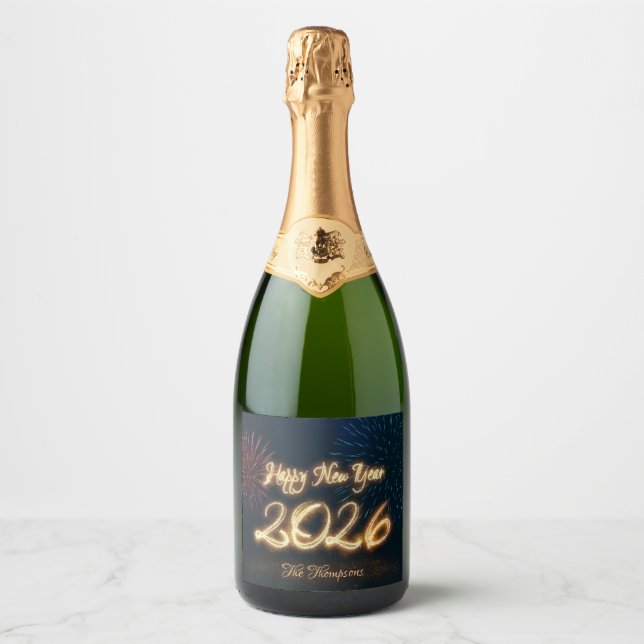 Happy Sparkling New Year 2026 Fireworks Wine Label (Front)