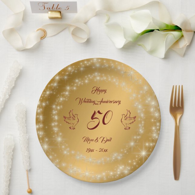 Happy Sparkly Customize Gold 50th Anniversary Paper Plates (Wedding)