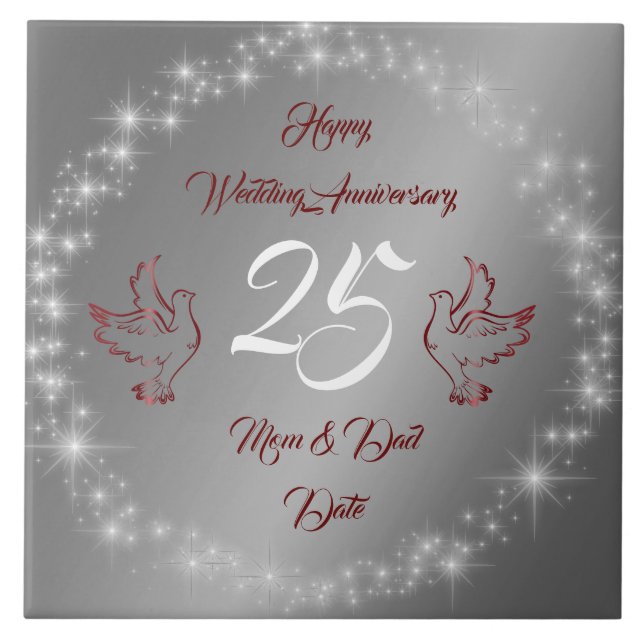 Happy Sparkly Customize Silver 25th Anniversary Ceramic Tile (Front)