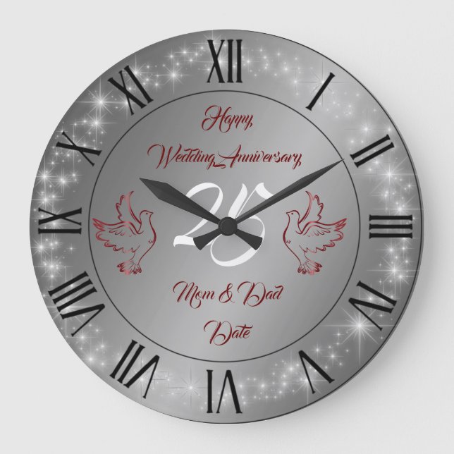 Happy Sparkly Customize Silver 25th Anniversary Large Clock (Front)