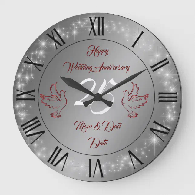 Happy Sparkly Customize Silver 25th Anniversary Large Clock | Zazzle