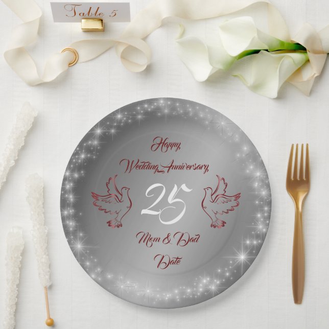 Happy Sparkly Customize Silver 25th Anniversary Paper Plates (Wedding)