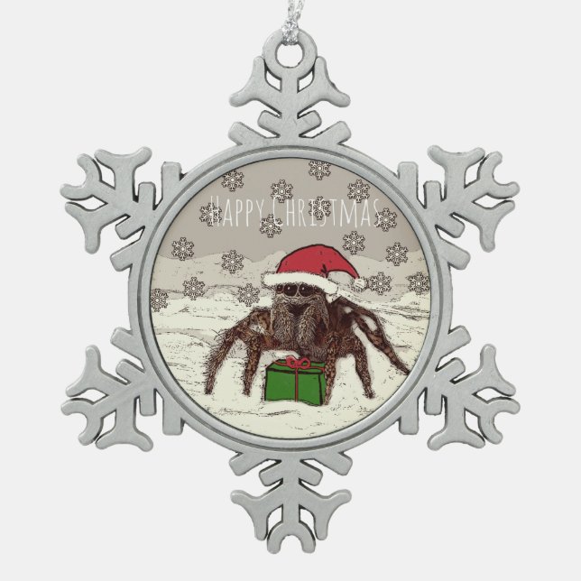 Happy Spider Snowflake Pewter Christmas Ornament (Front)