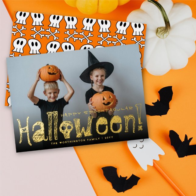 Happy Spooktacular Halloween Skulls & Bones Photo Foil Holiday Card (Creator Uploaded)